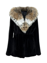 Load image into Gallery viewer, Black Mink with Lynx lined hood belted jacket